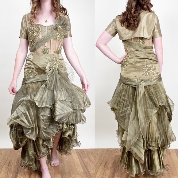Vintage Mike Benet Gown Corset Skirt Ruffle Pleated Embroidered Beaded Formal - Picture 2 of 9
